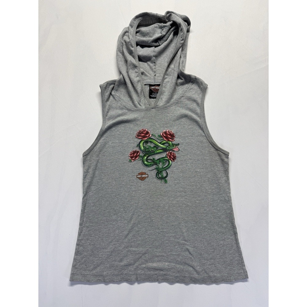 Harley-Davidson Sleeveless‎ Hoodie Womens Large Heather Gray Snake Rose Barnett